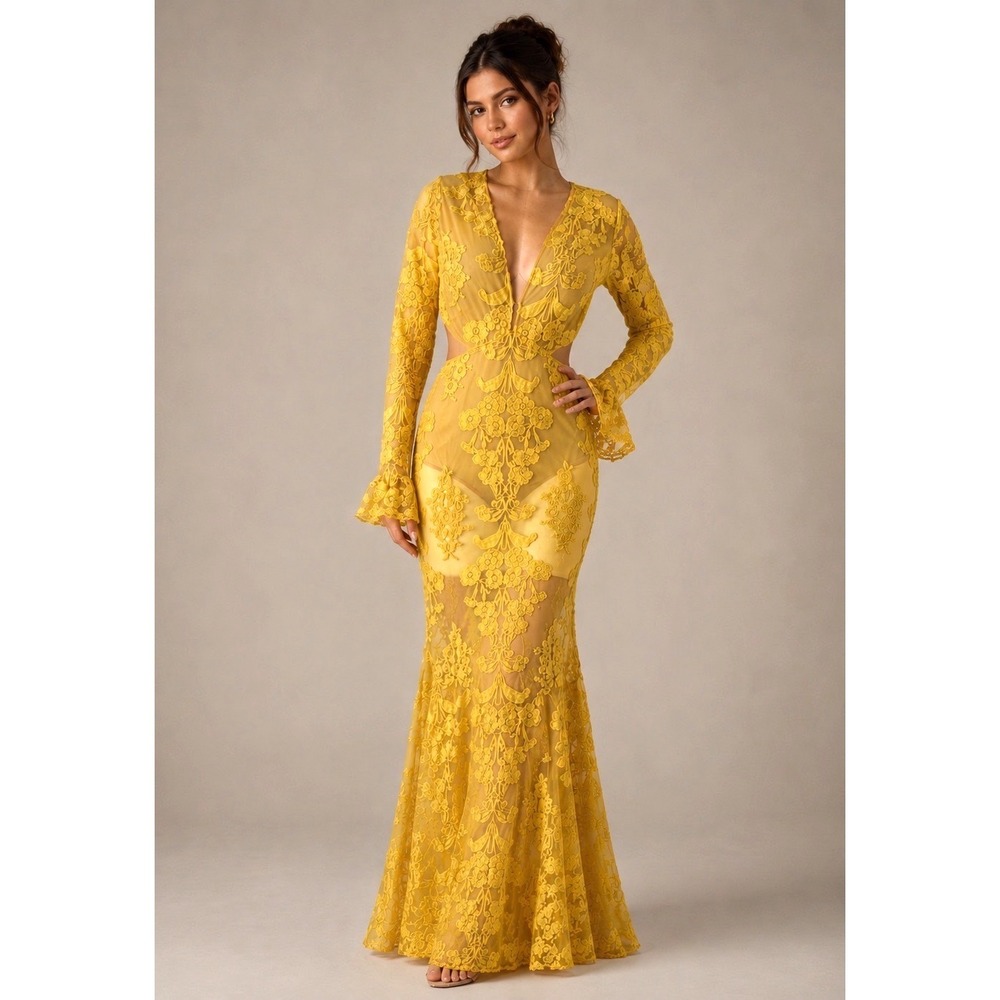 FORE Womens Floral Lace Maxi Dress size Small Long Sleeve Formal Guest open boho